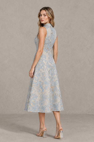 BOLODOO light blue floral jacquard midi dress back view