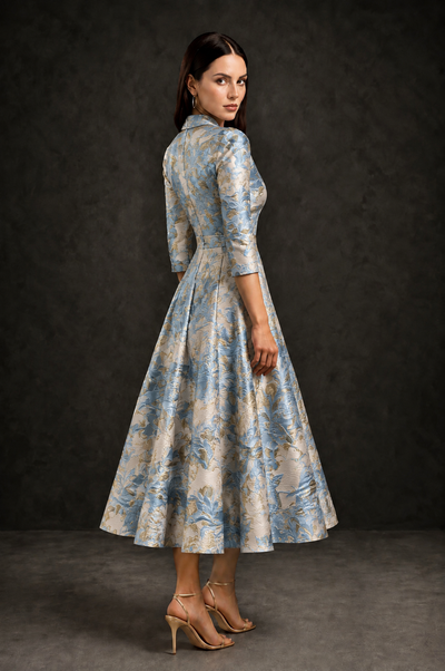 BOLODOO Dusty Blue Floral Jacquard Wrap Midi Dress with Three-Quarter Sleeves 