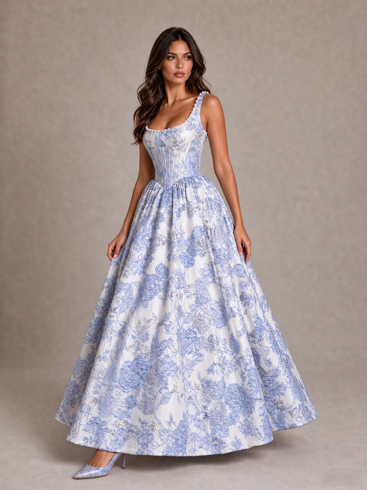 BOLODOO Light Blue Floral Corset A-Line Prom Dress with Lace-Up Back 