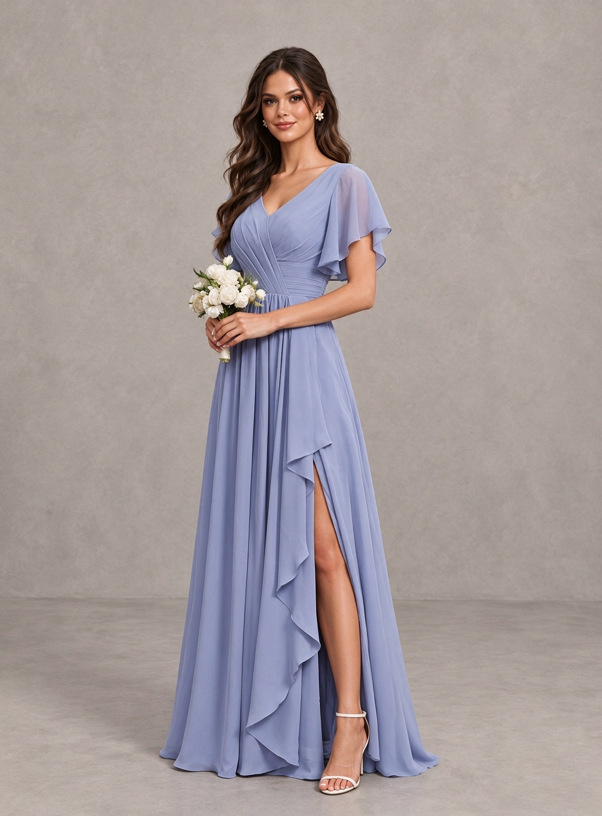 BOLODOO Dusty Blue Flutter Sleeve V-Neck Bridesmaid Dress with Ruffle Slit 