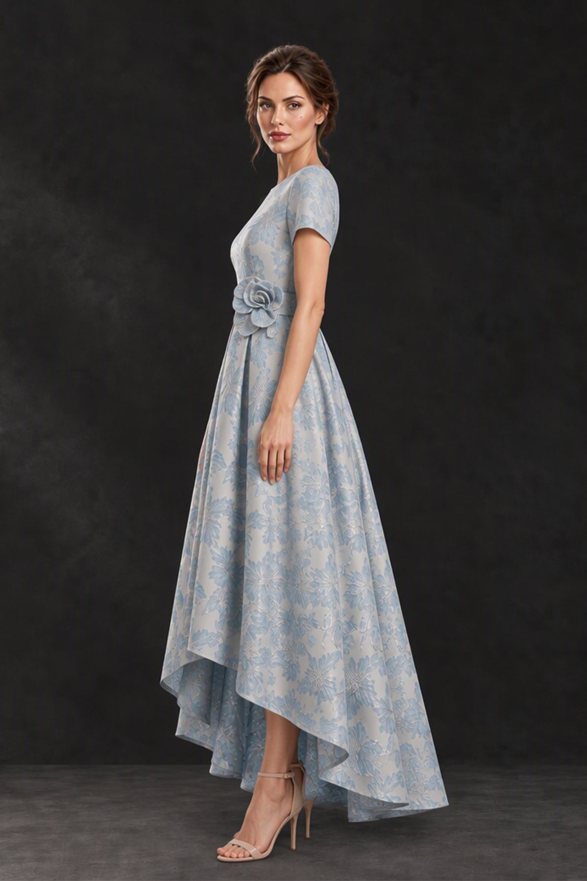 BOLODOO XX086 light blue floral mother of the bride dress with dimensional waist flower and longer back hem, side view