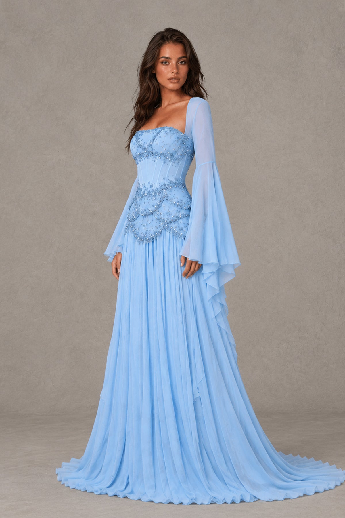 Three-quarter view of BOLODOO light blue A-line evening gown with embellished corset bodice