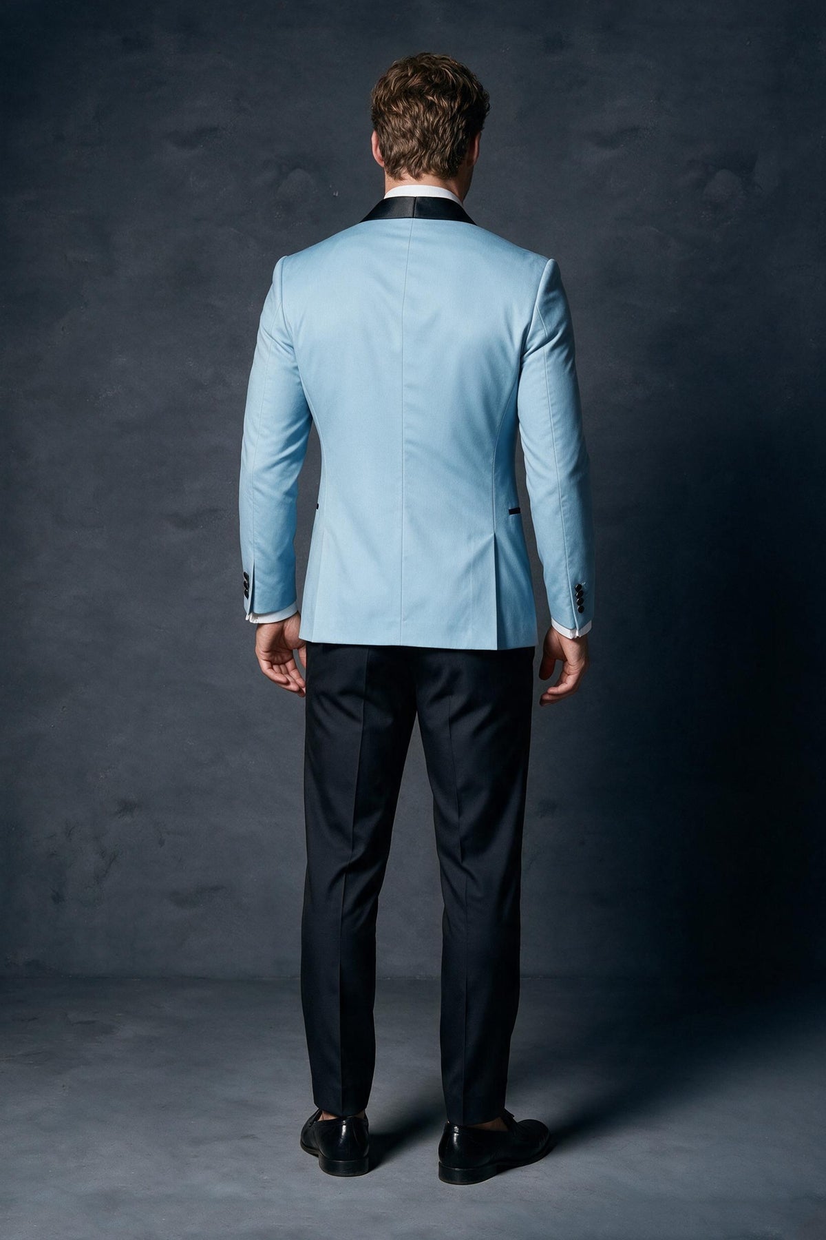 BOLODOO Men's Sky Blue Double-Breasted Tuxedo Blazer – Front relaxed pose showing full silhouette