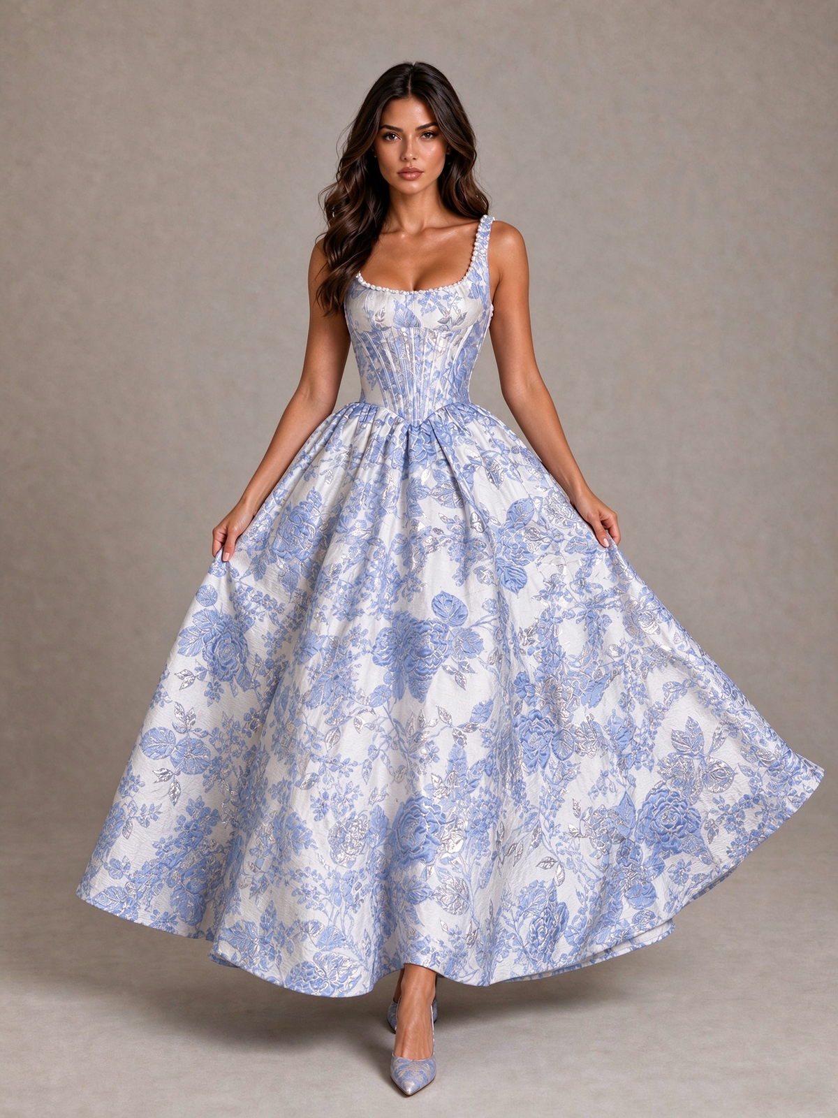 BOLODOO Light Blue Floral Corset A-Line Prom Dress with Lace-Up Back 