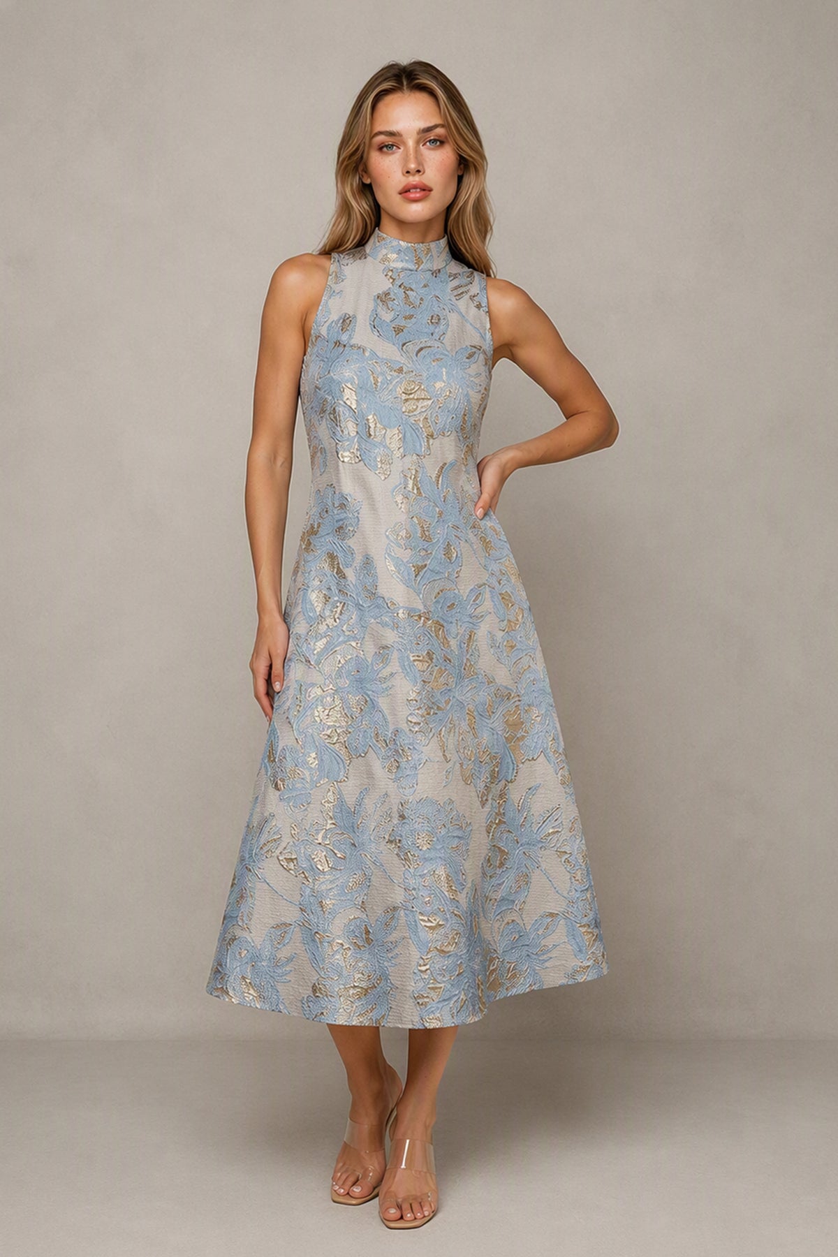 BOLODOO light blue floral jacquard A-line midi dress three-quarter view