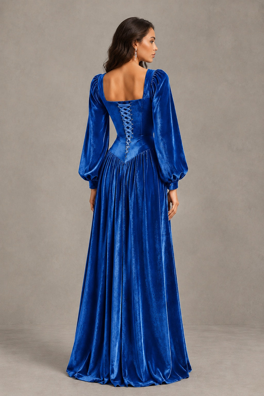 BOLODOO royal blue long sleeve evening gown, rear view of square low back and lace-up corset