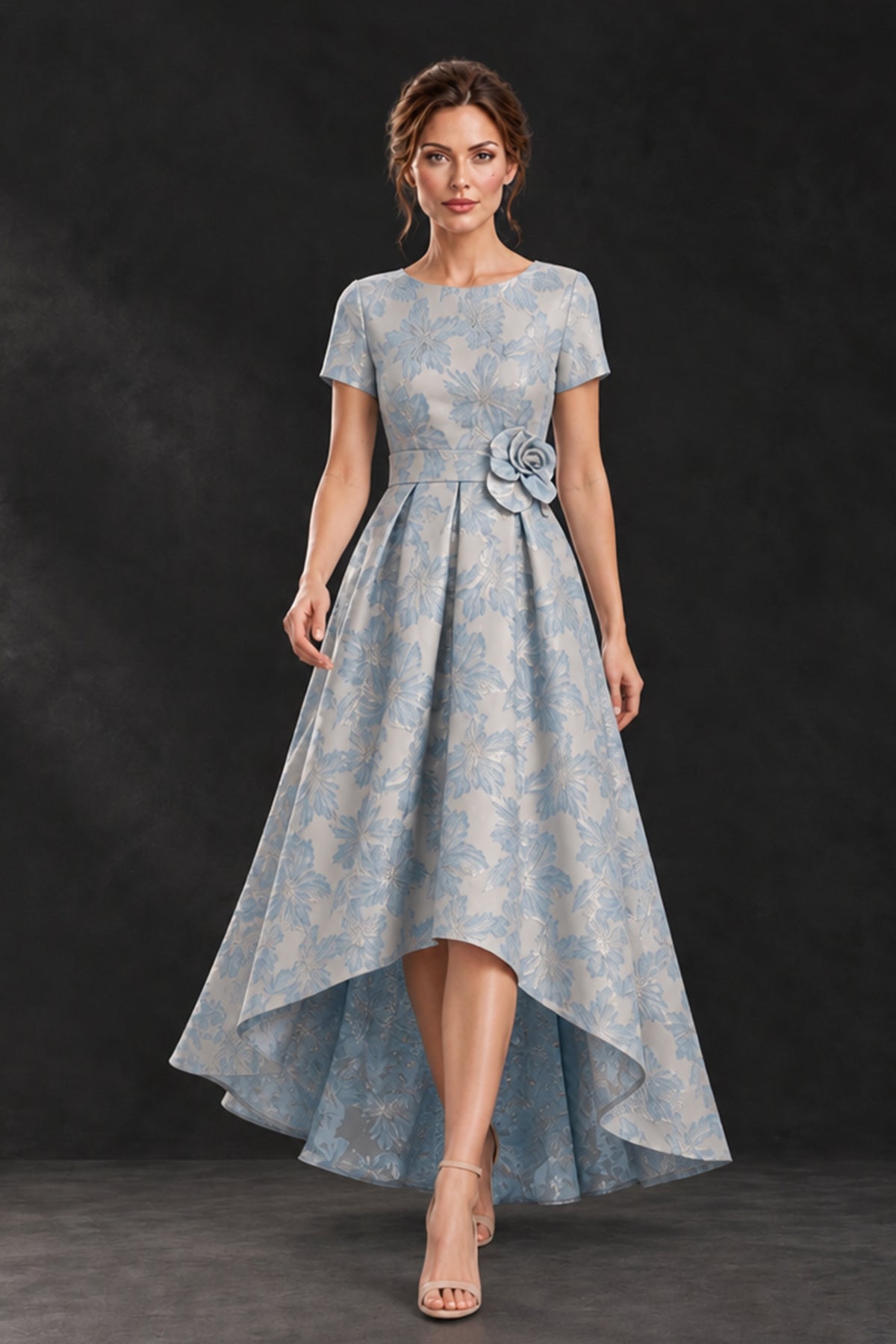 BOLODOO light blue floral high-low mother of the bride dress showing pleated A-line skirt in motion, walking front view