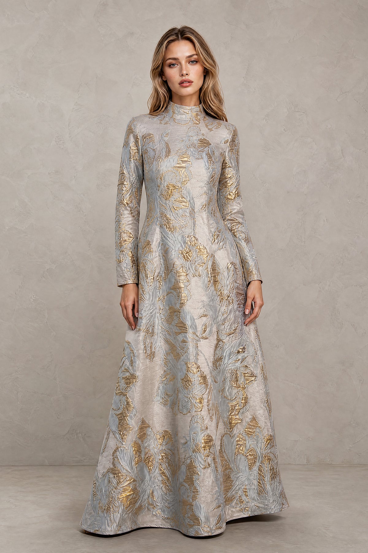 BOLODOO silver and gold metallic jacquard long sleeve floor-length evening gown front view