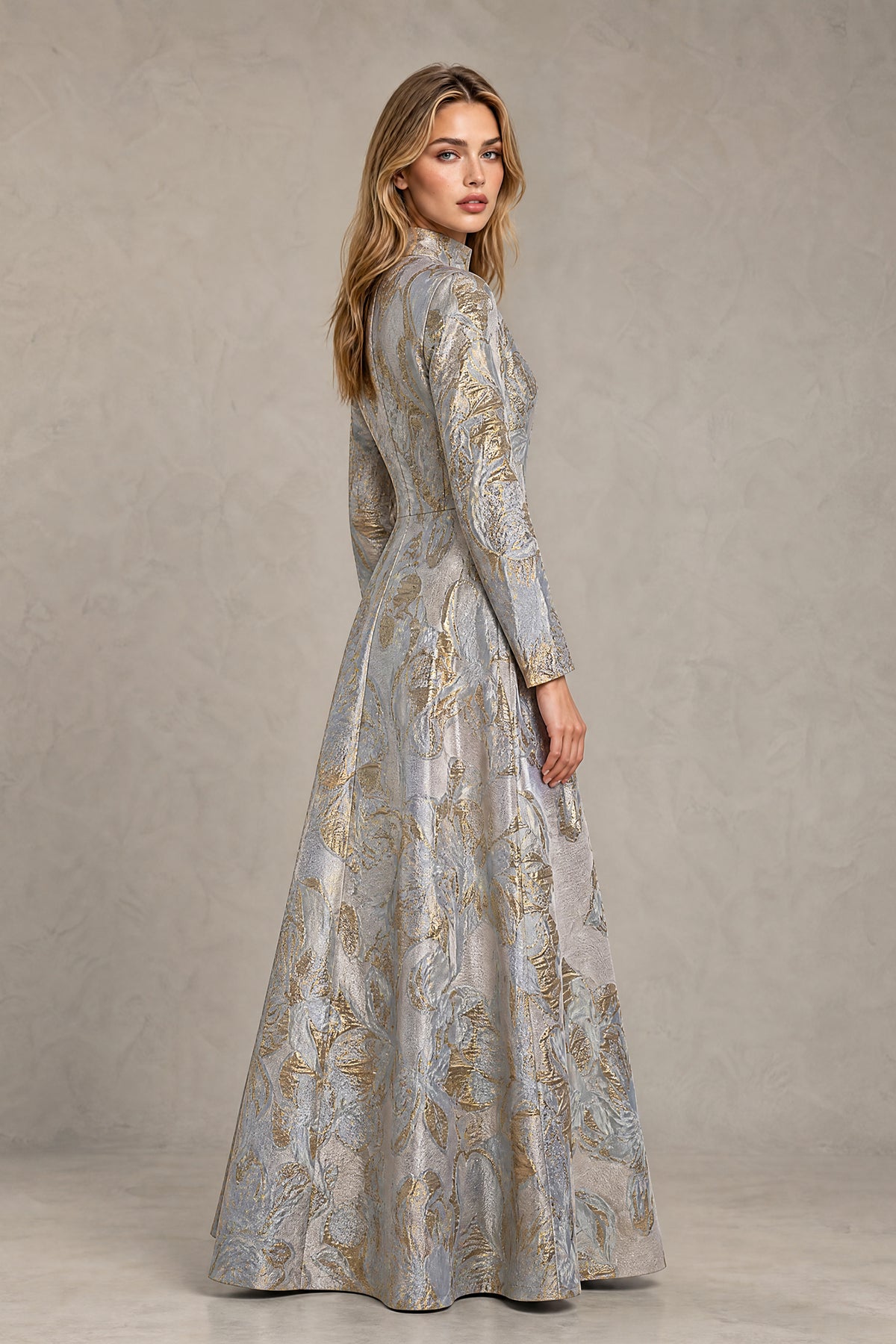 BOLODOO silver and gold jacquard evening gown with covered back and long sleeves