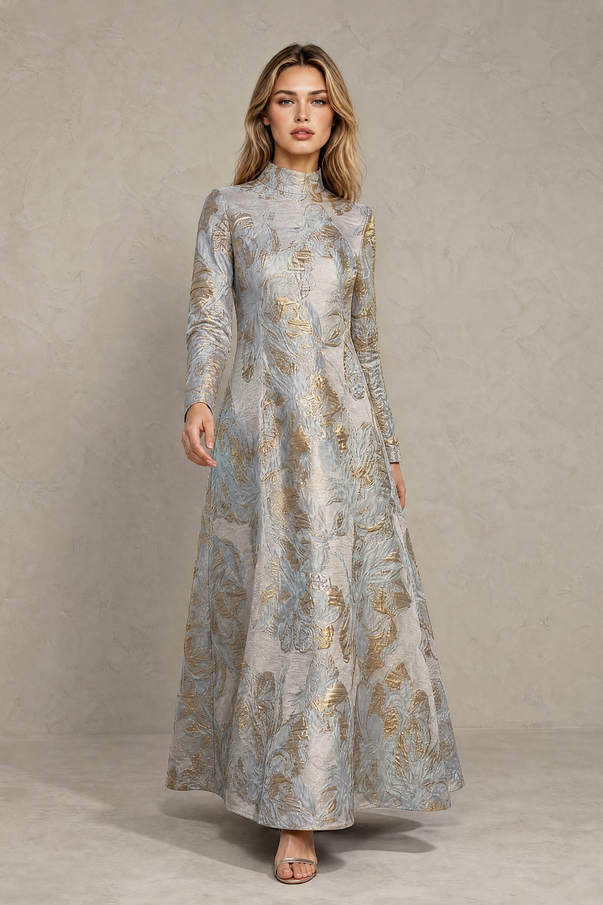 BOLODOO silver gold high neck A-line formal maxi dress full-length angle view