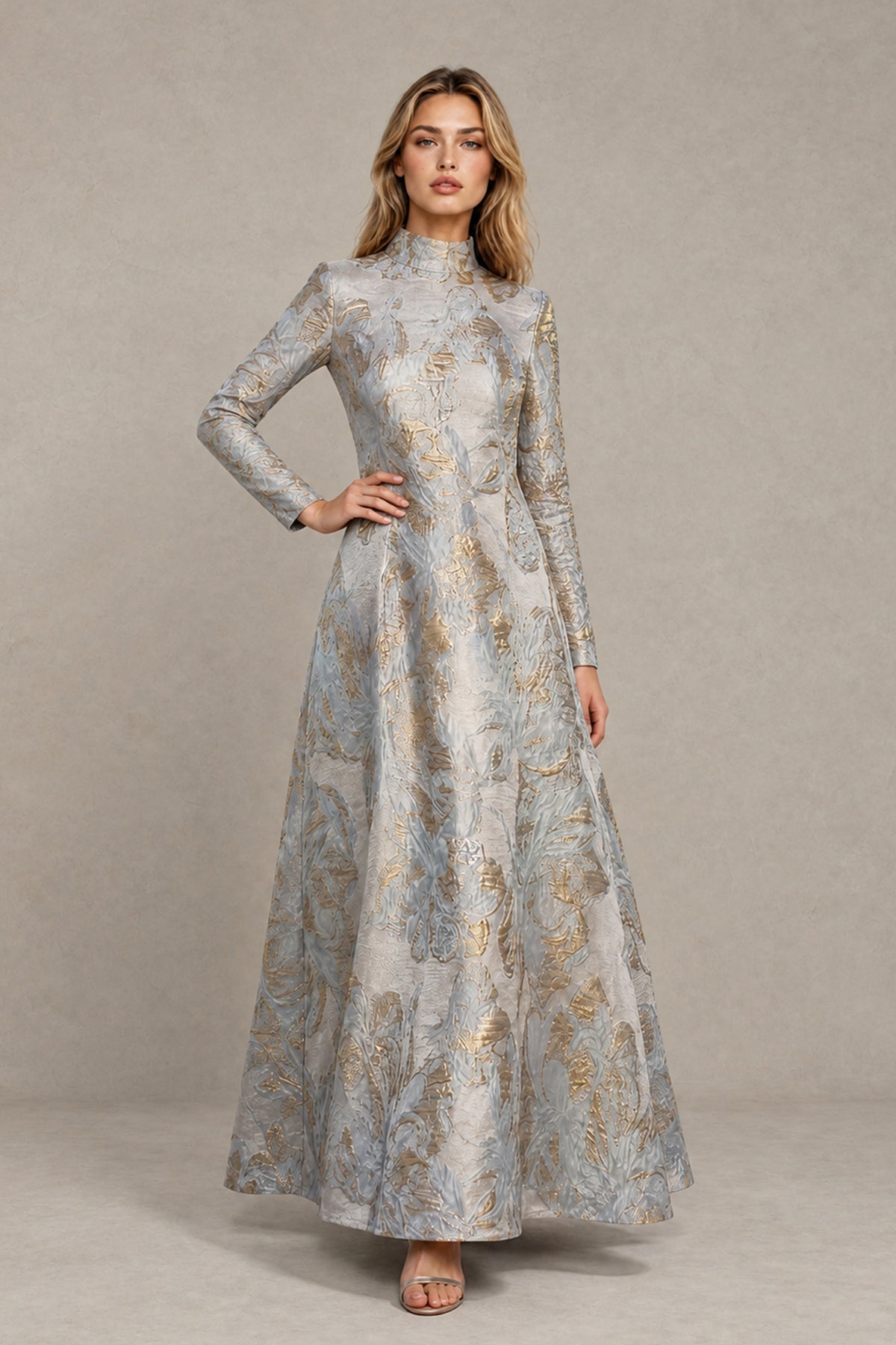 BOLODOO metallic jacquard long sleeve wedding guest and gala dress alternate front view