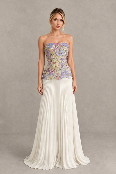 BOLODOO Blue Ivory Strapless Floral Applique Pleated Evening Dress - Blue Ivory - Blue Ivory (1)