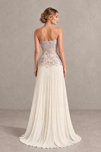 BOLODOO Blue Ivory Strapless Floral Applique Pleated Evening Dress - Blue Ivory - Blue Ivory (2)