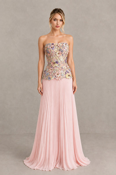 BOLODOO Blue Pink Strapless Floral Applique Pleated Evening Dress - Blue Pink - Blue Pink (1)