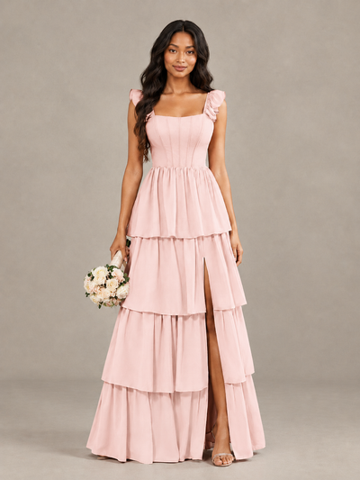 BOLODOO Blue Pink Tiered Maxi Bridesmaid Dress with Slit - Blue Pink