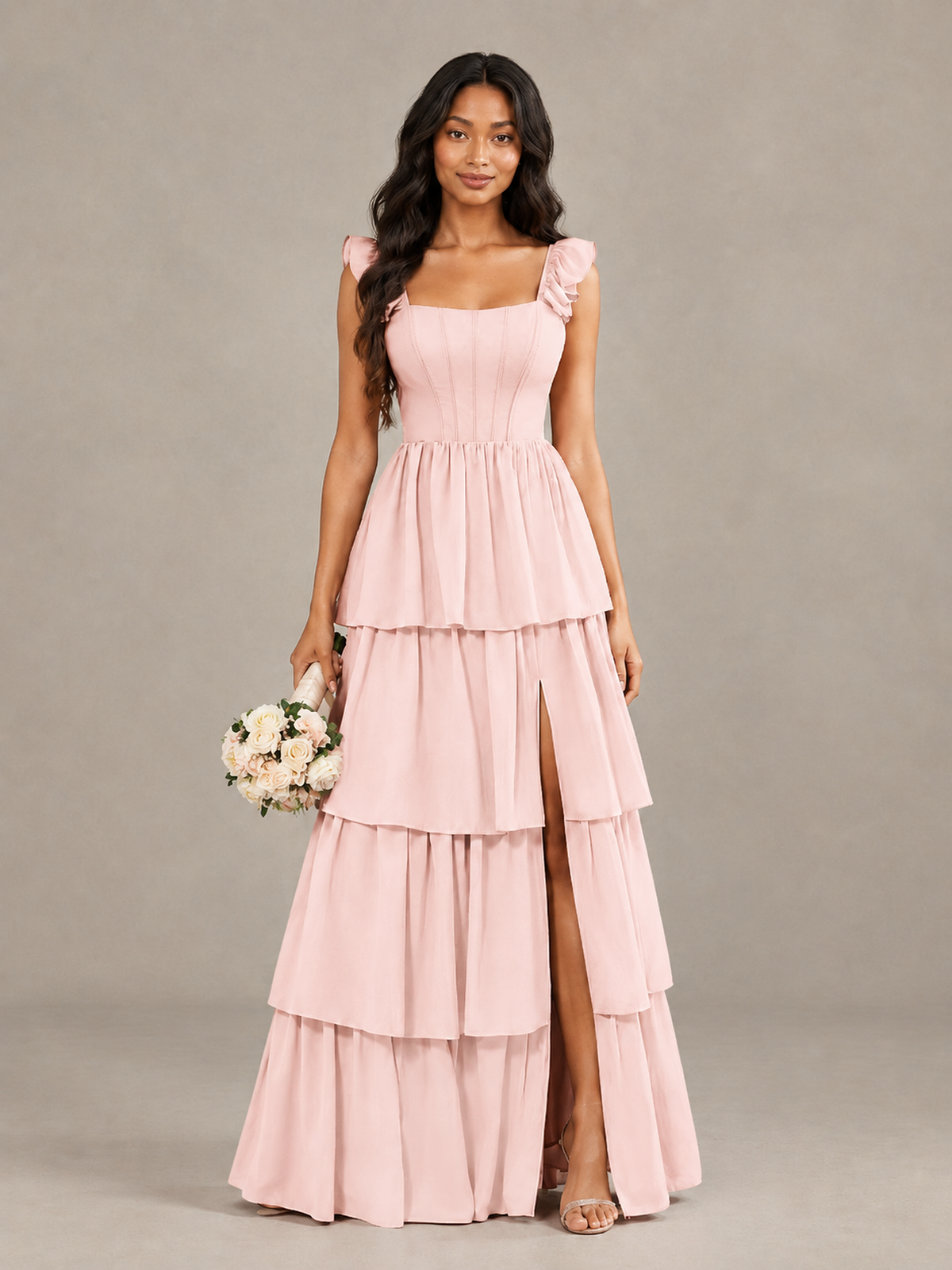 BOLODOO Blue Pink Tiered Maxi Bridesmaid Dress with Slit - Blue Pink