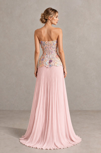 BOLODOO Blue Pink Strapless Floral Applique Pleated Evening Dress - Blue Pink - Blue Pink (2)