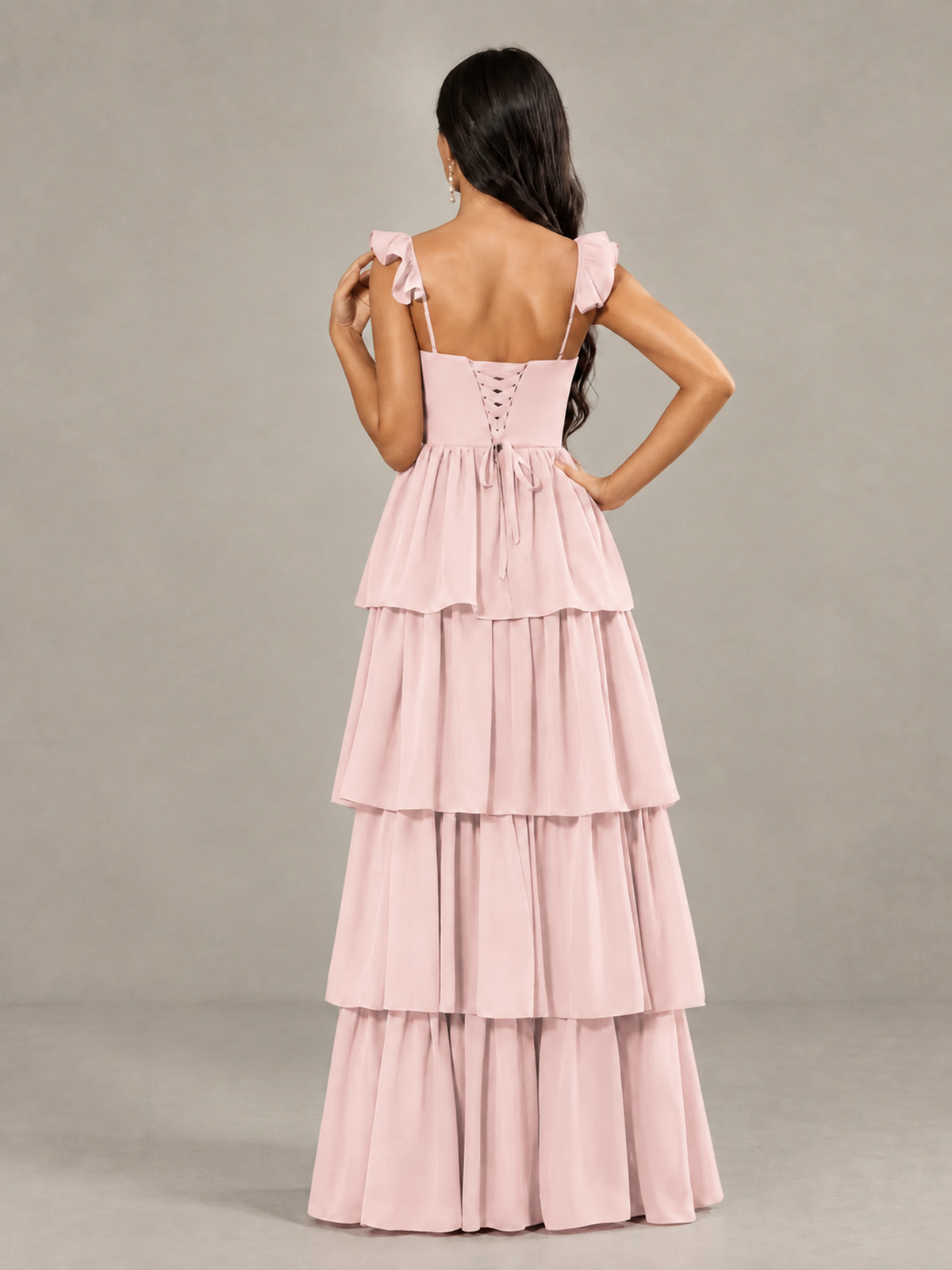 BOLODOO Blue Pink Tiered Maxi Bridesmaid Dress with Slit - Blue Pink