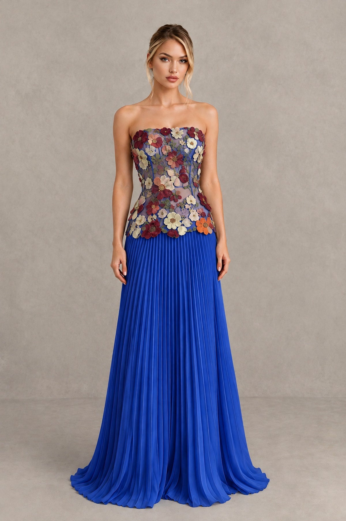 BOLODOO Blue Red Strapless Floral Applique Pleated Evening Dress - Blue Red - Blue Red (1)