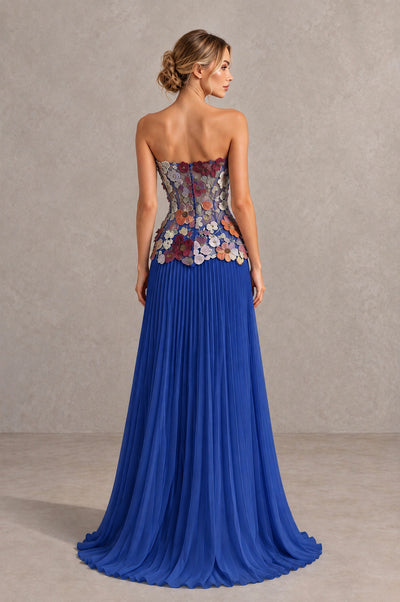 BOLODOO Blue Red Strapless Floral Applique Pleated Evening Dress - Blue Red - Blue Red (2)
