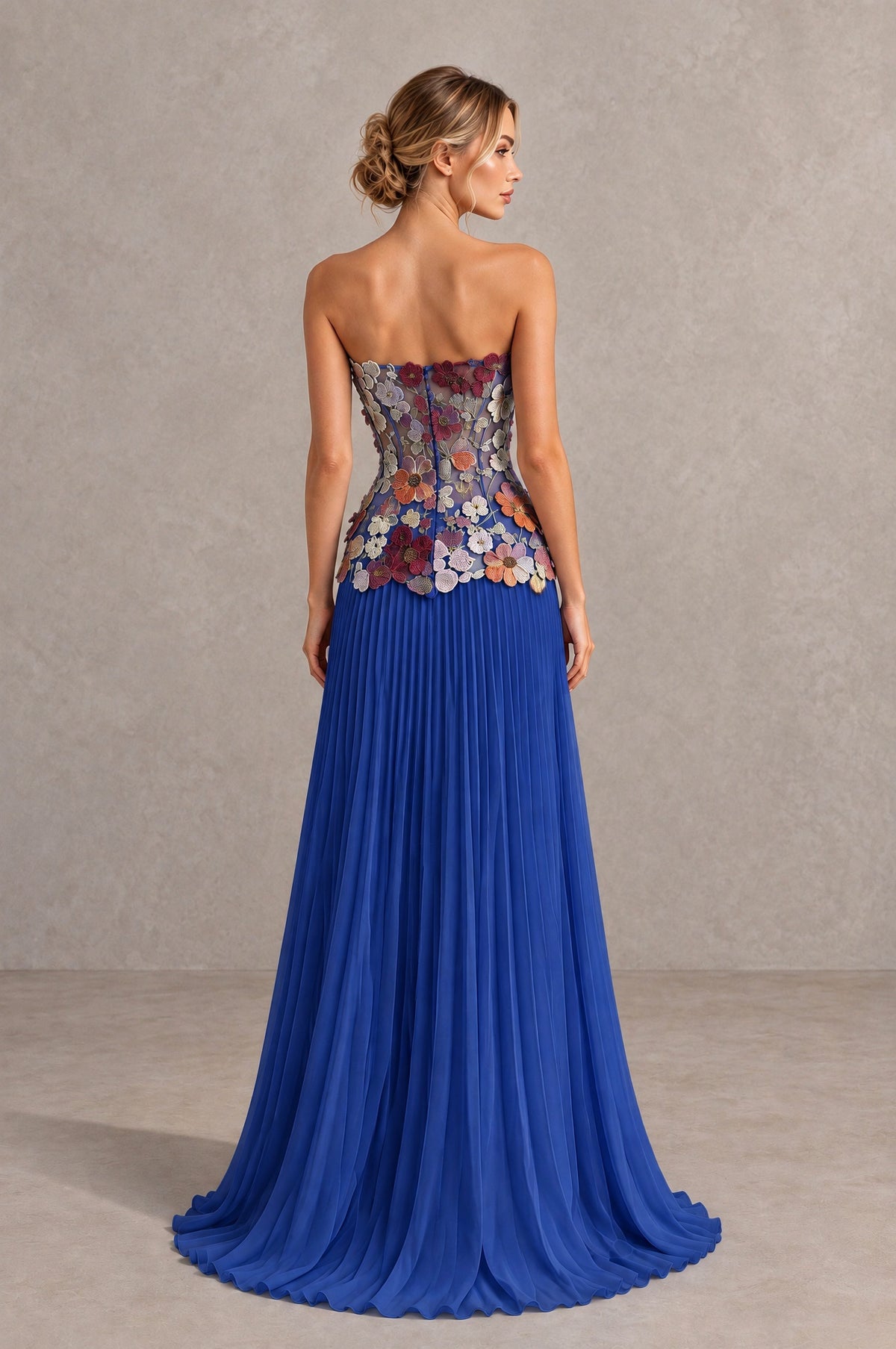 BOLODOO Blue Red Strapless Floral Applique Pleated Evening Dress - Blue Red - Blue Red (2)