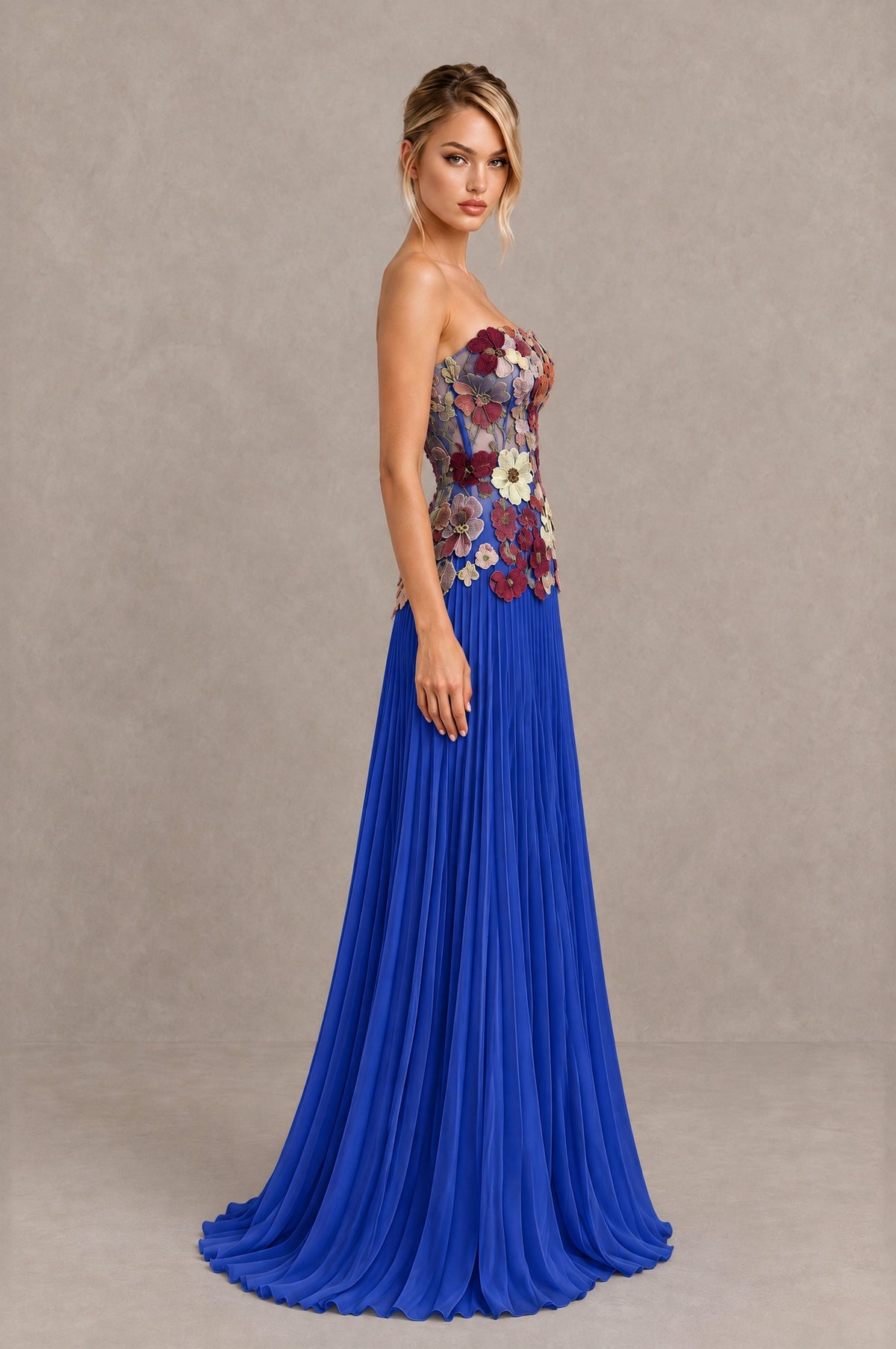 BOLODOO Blue Red Strapless Floral Applique Pleated Evening Dress - Blue Red - Blue Red (3)