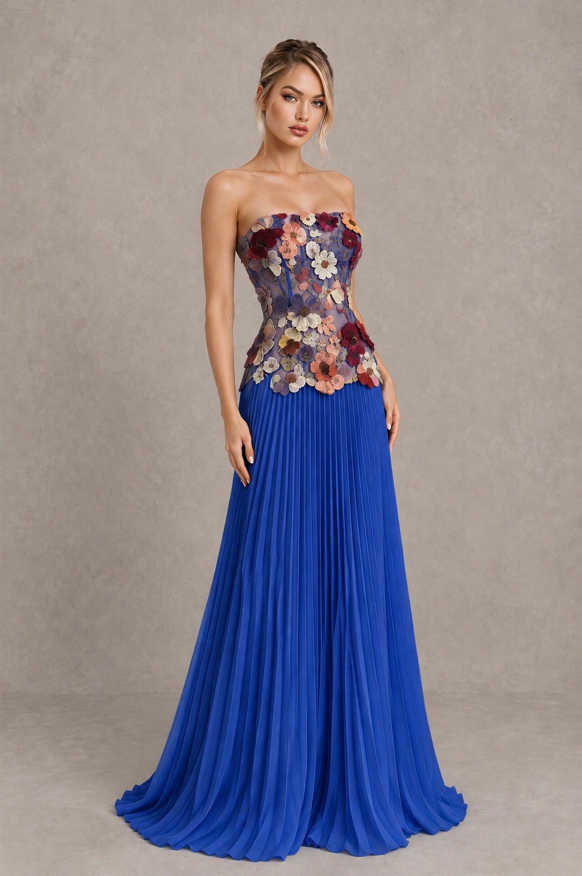 BOLODOO Blue Red Strapless Floral Applique Pleated Evening Dress - Blue Red - Blue Red (4)