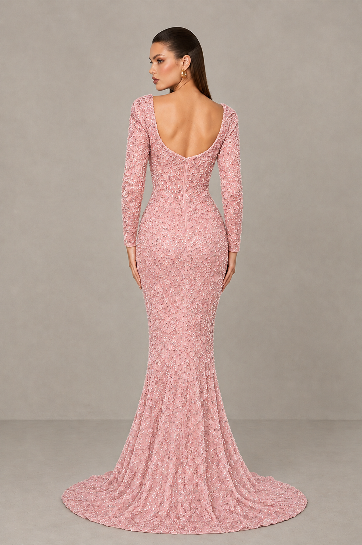BOLODOO BlushPink Sequin Long Sleeve Evening Gown with High Slit - BlushPink - BlushPink (2)