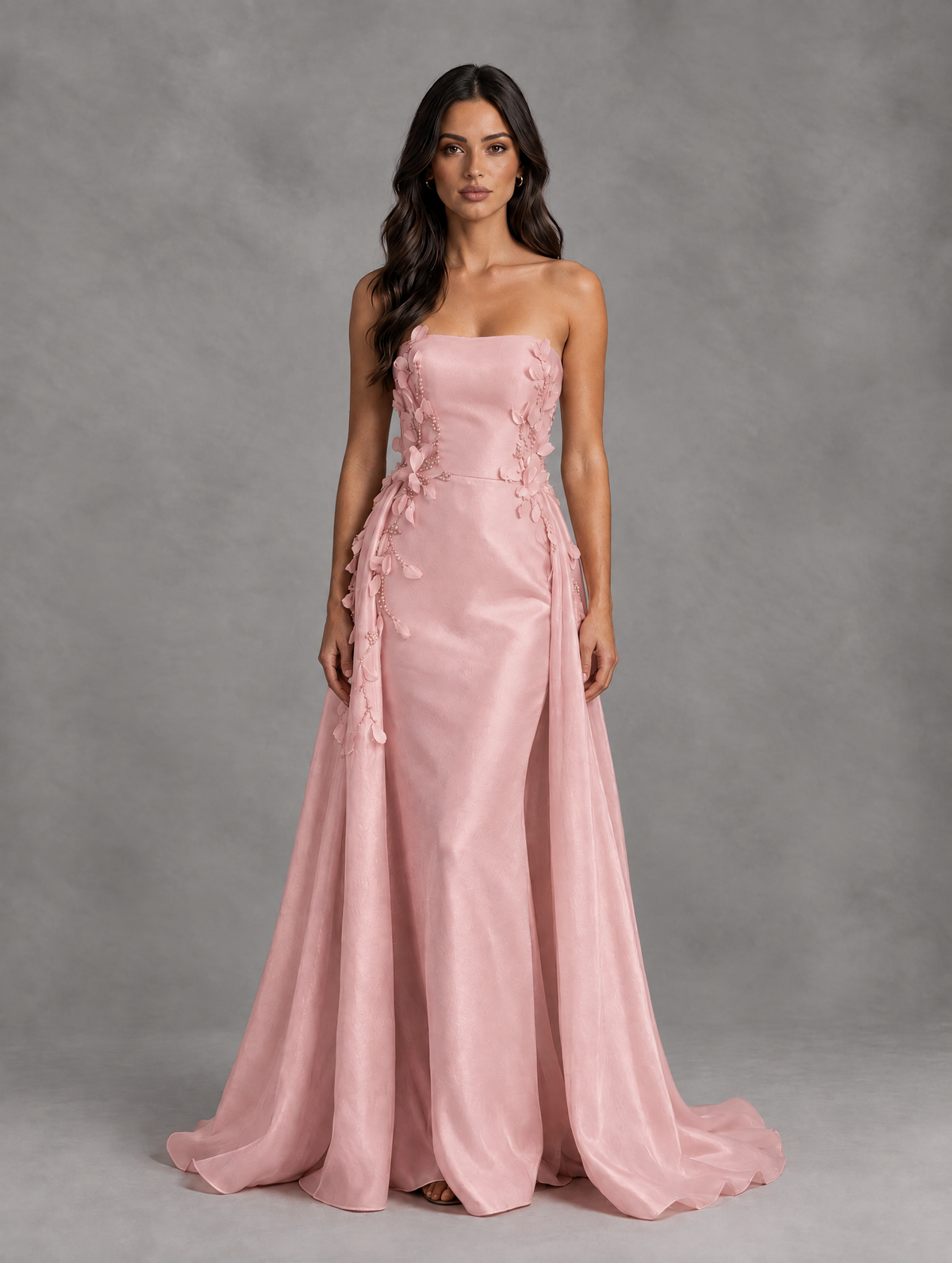 BOLODOO Blush Pink Strapless Floral Applique Prom Dress with Overskirt 