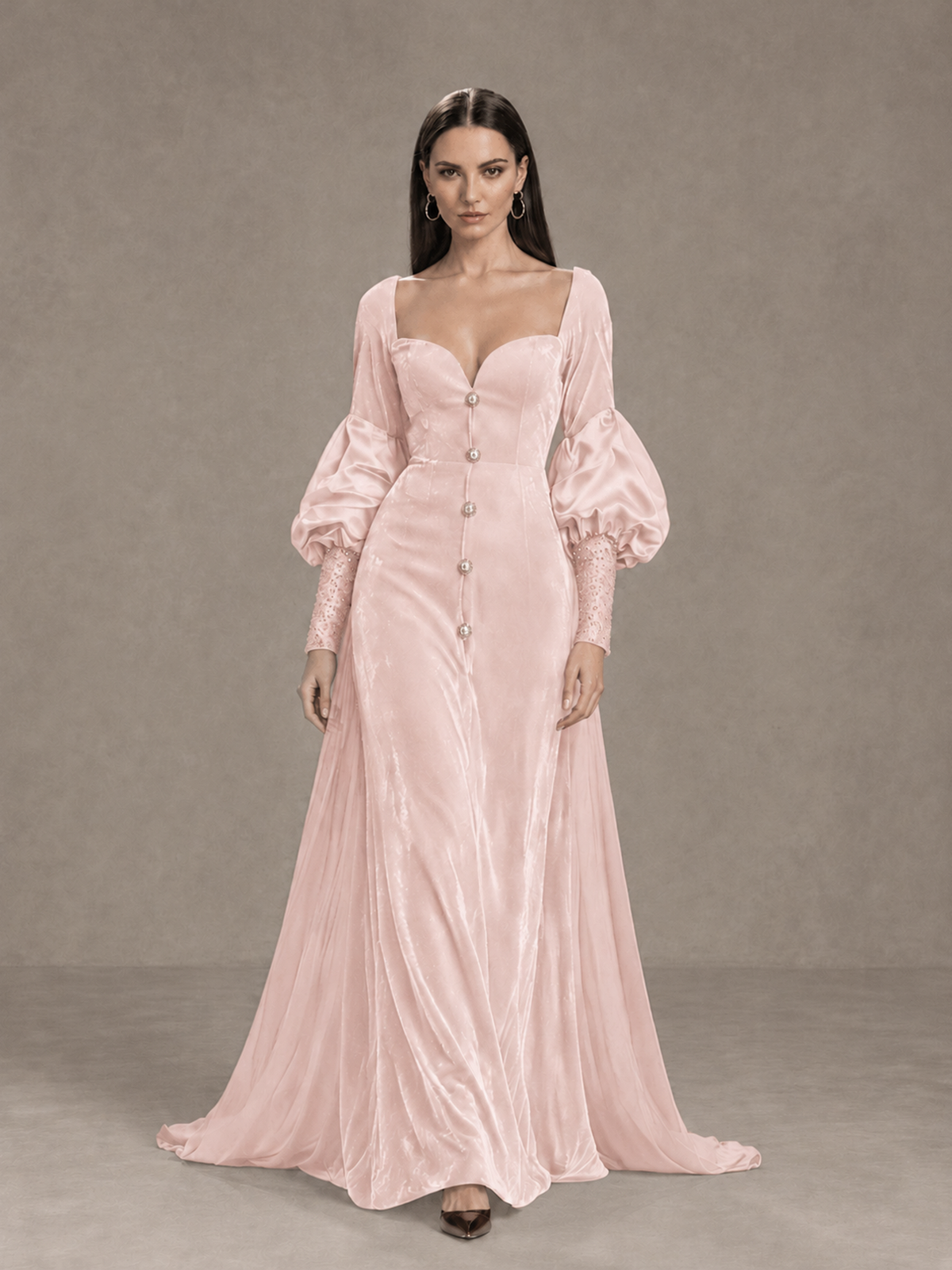 BOLODOO Blush Pink Velvet Long Sleeve Open-Back Evening Gown 