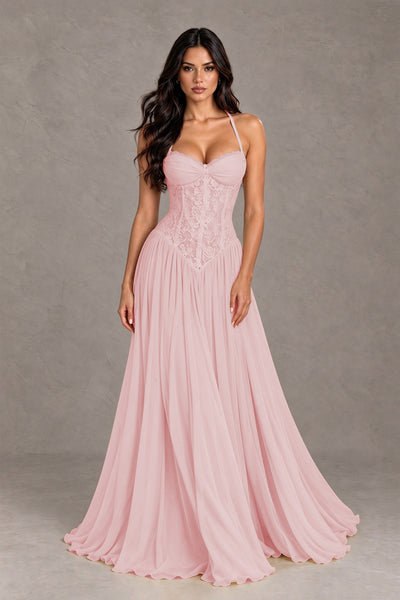 BOLODOO Blush Pink Lace Corset Halter Maxi Gown – Backless A-Line Formal Dress 