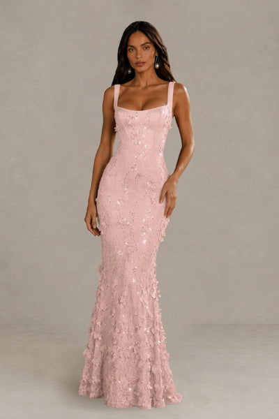 BOLODOO Blush Pink Sequin 3D Floral Mermaid Maxi Gown – Lace-Up Back Formal Dress 