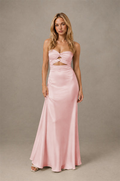 BOLODOO Blush Pink Sweetheart Strapless Twist Knot Cutout Lace-Up Back Satin Mermaid Maxi Dress 