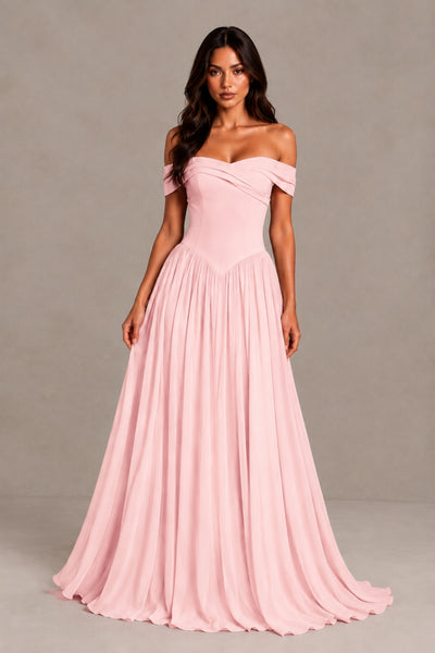 BOLODOO Blush Pink Off-Shoulder Sweetheart Corset Pleated Chiffon Maxi Dress 