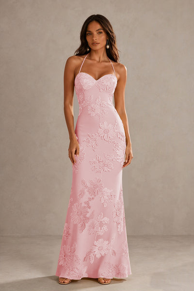 BOLODOO Blush Pink Spaghetti Strap Sweetheart Floral Embroidered Lace-Up Open Back Maxi Dress | BD0257 