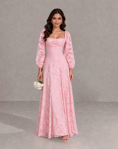 BOLODOO Blush Pink Floral Long Sleeve A-Line Bridesmaid Dress 