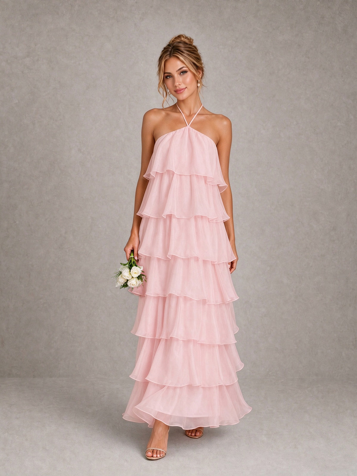 BOLODOO Blush Pink Halter Tiered Ruffle Maxi Bridesmaid Dress 