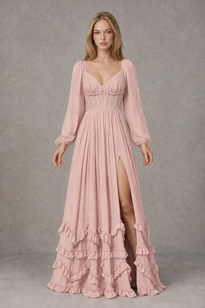 Blush Pink Long-Sleeve Ruffle Maxi Dress with Lace-Up Back and Slit 