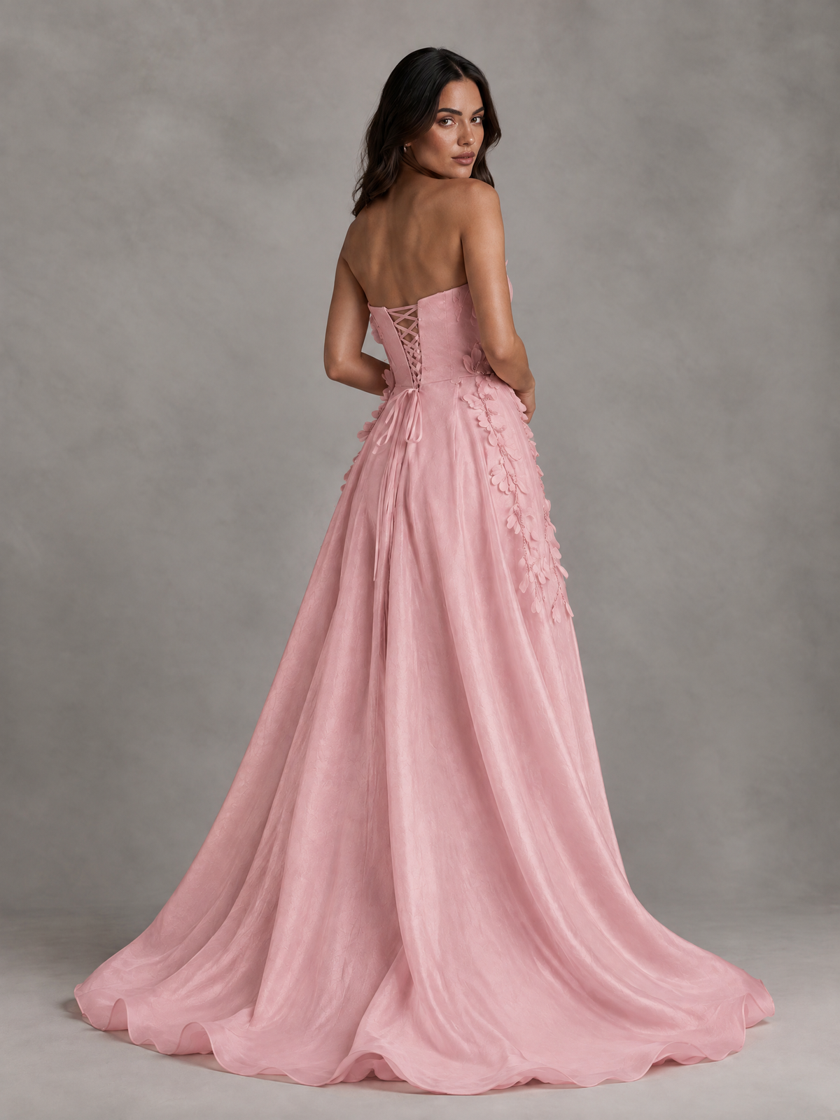 BOLODOO Blush Pink Strapless Floral Applique Prom Dress with Overskirt 