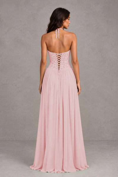 BOLODOO Blush Pink Lace Corset Halter Maxi Gown – Backless A-Line Formal Dress 
