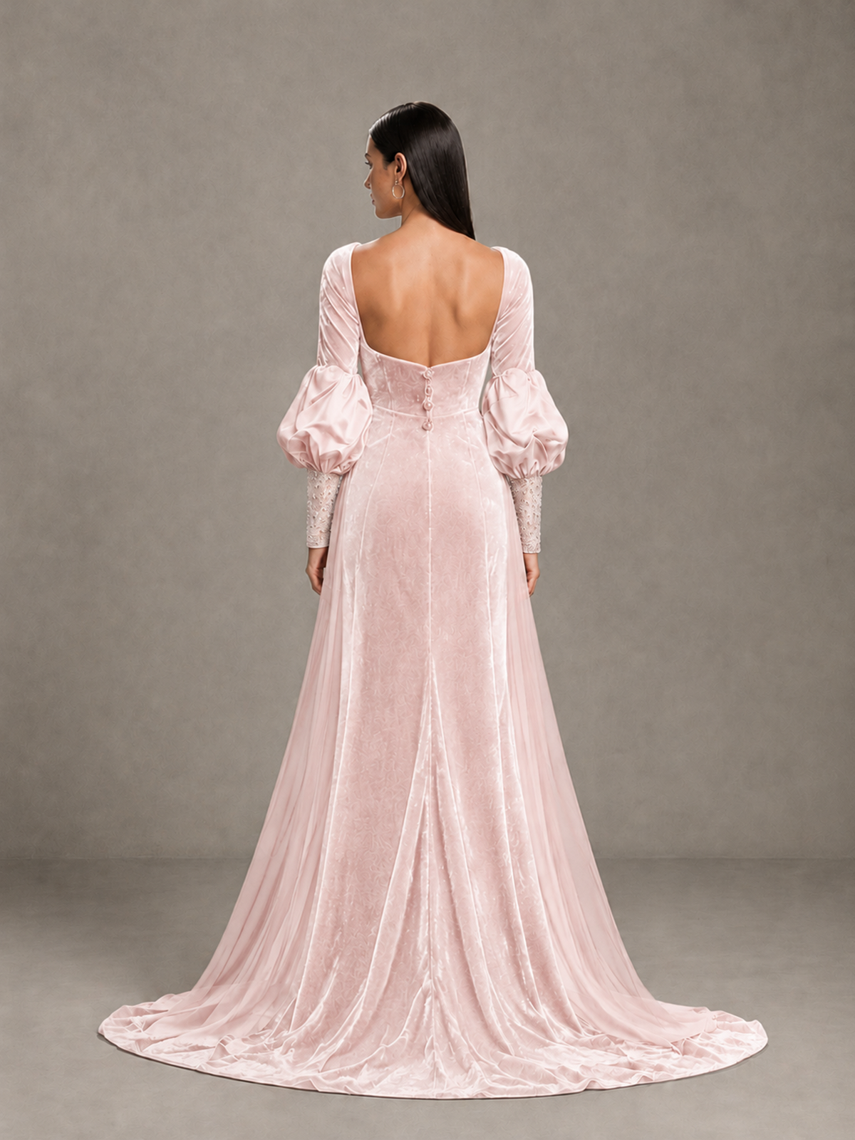 BOLODOO Blush Pink Velvet Long Sleeve Open-Back Evening Gown 