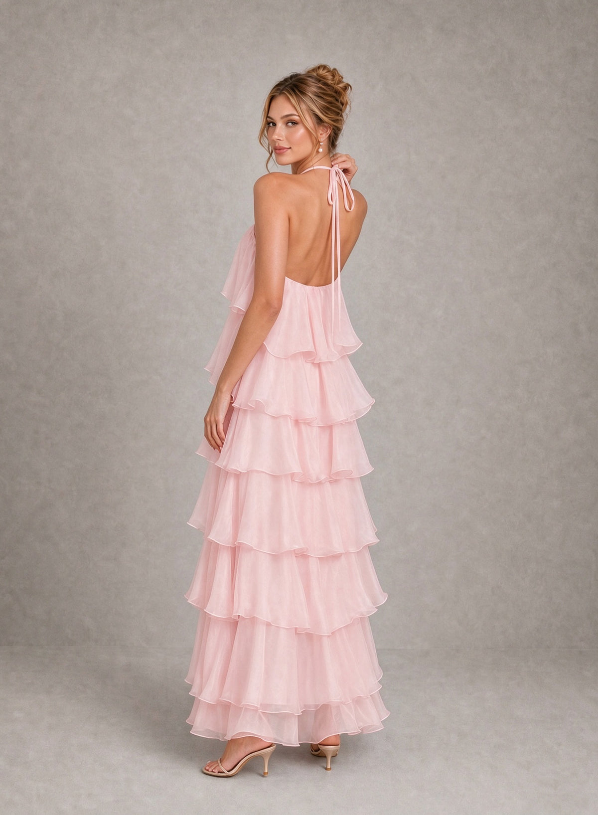 BOLODOO Blush Pink Halter Tiered Ruffle Maxi Bridesmaid Dress 