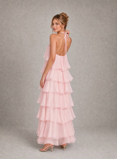 BOLODOO Blush Pink Halter Tiered Ruffle Maxi Bridesmaid Dress 
