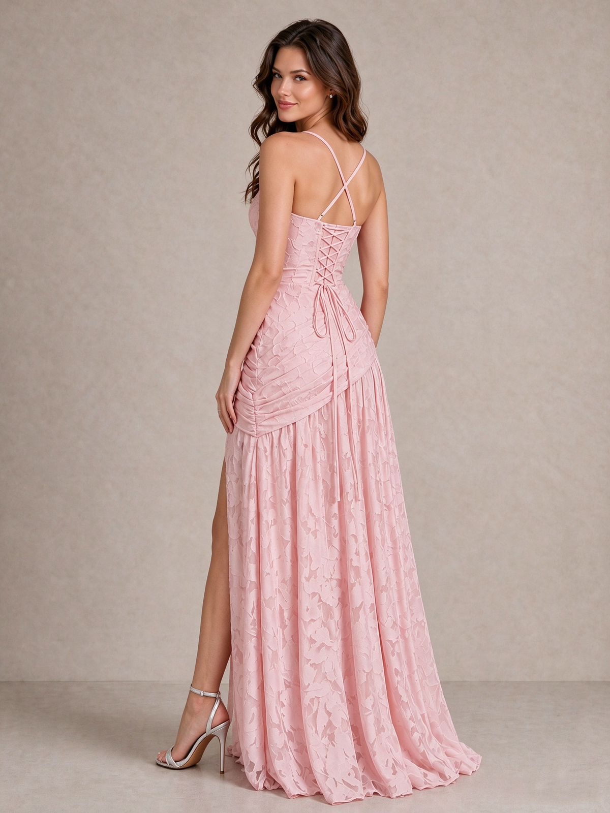 BOLODOO Blush Pink Floral Jacquard Bridesmaid Dress with Square Neck, Lace-Up Back & High Slit 