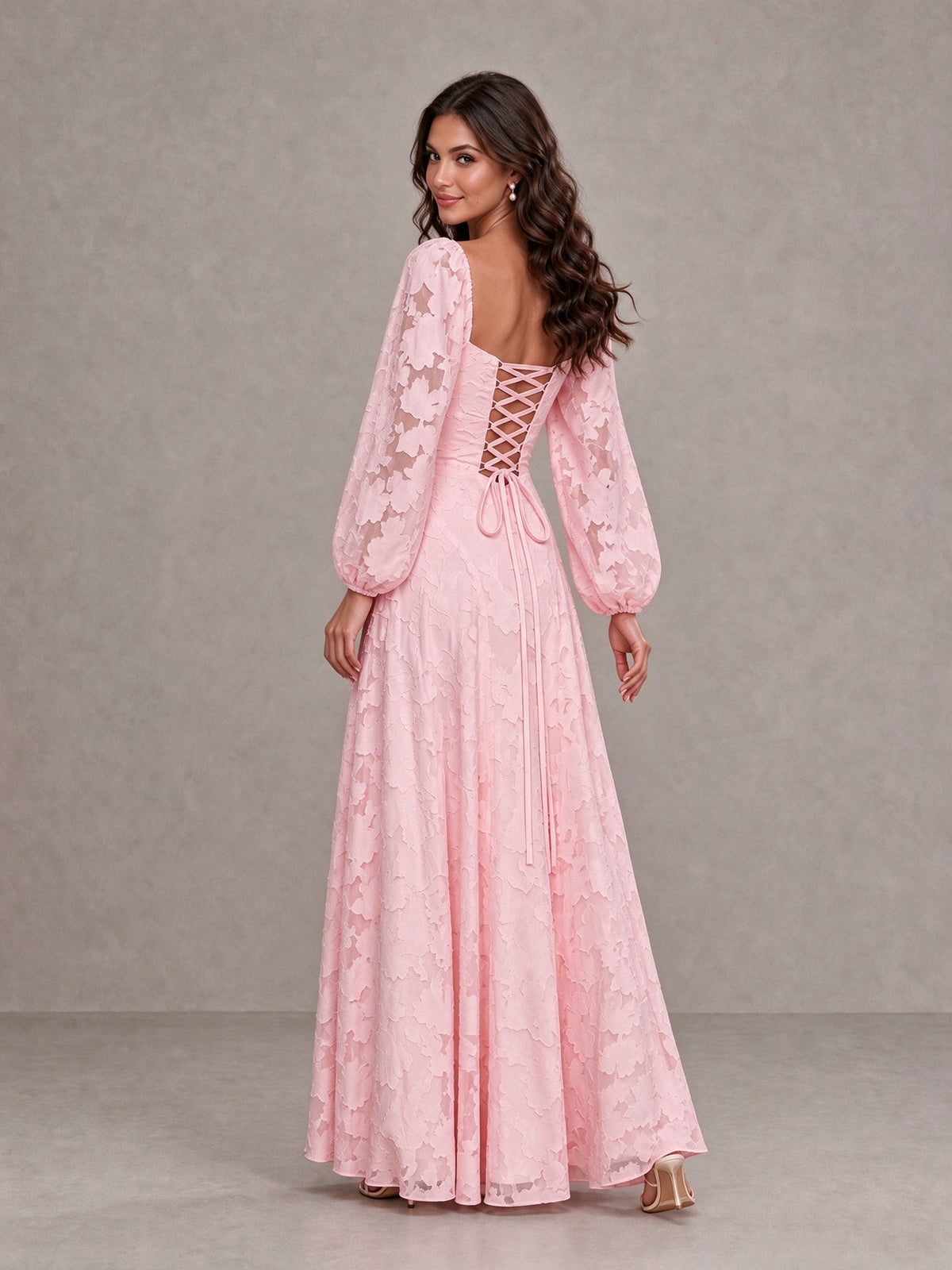 BOLODOO Blush Pink Floral Long Sleeve A-Line Bridesmaid Dress 