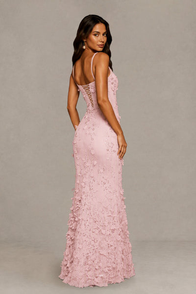 BOLODOO Blush Pink Sequin 3D Floral Mermaid Maxi Gown – Lace-Up Back Formal Dress 