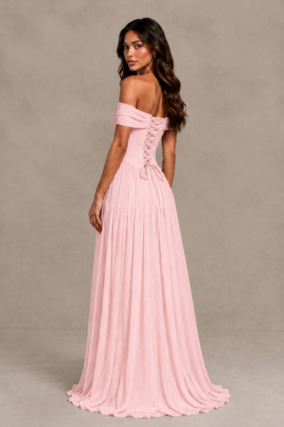 BOLODOO Blush Pink Off-Shoulder Sweetheart Corset Pleated Chiffon Maxi Dress 