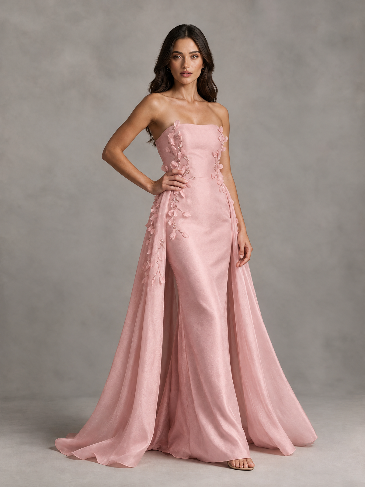 BOLODOO Blush Pink Strapless Floral Applique Prom Dress with Overskirt 