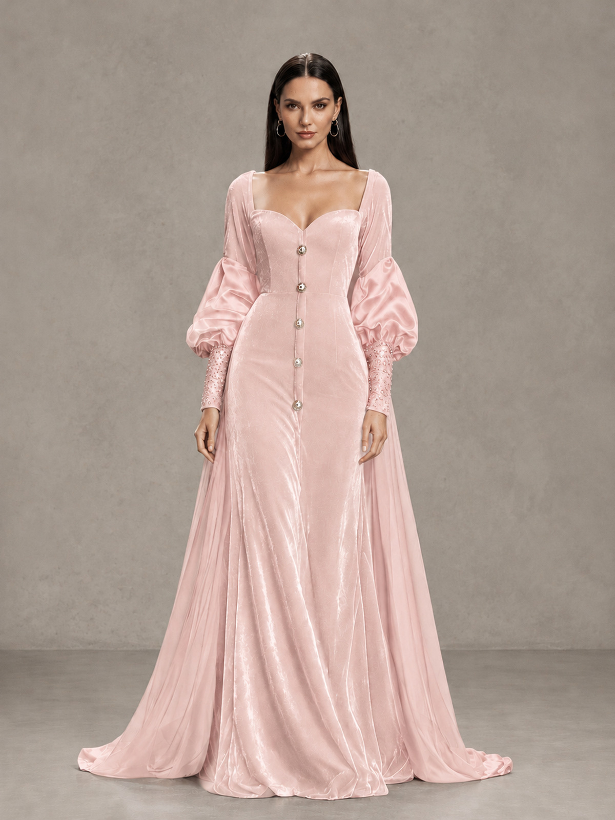 BOLODOO Blush Pink Velvet Long Sleeve Open-Back Evening Gown 