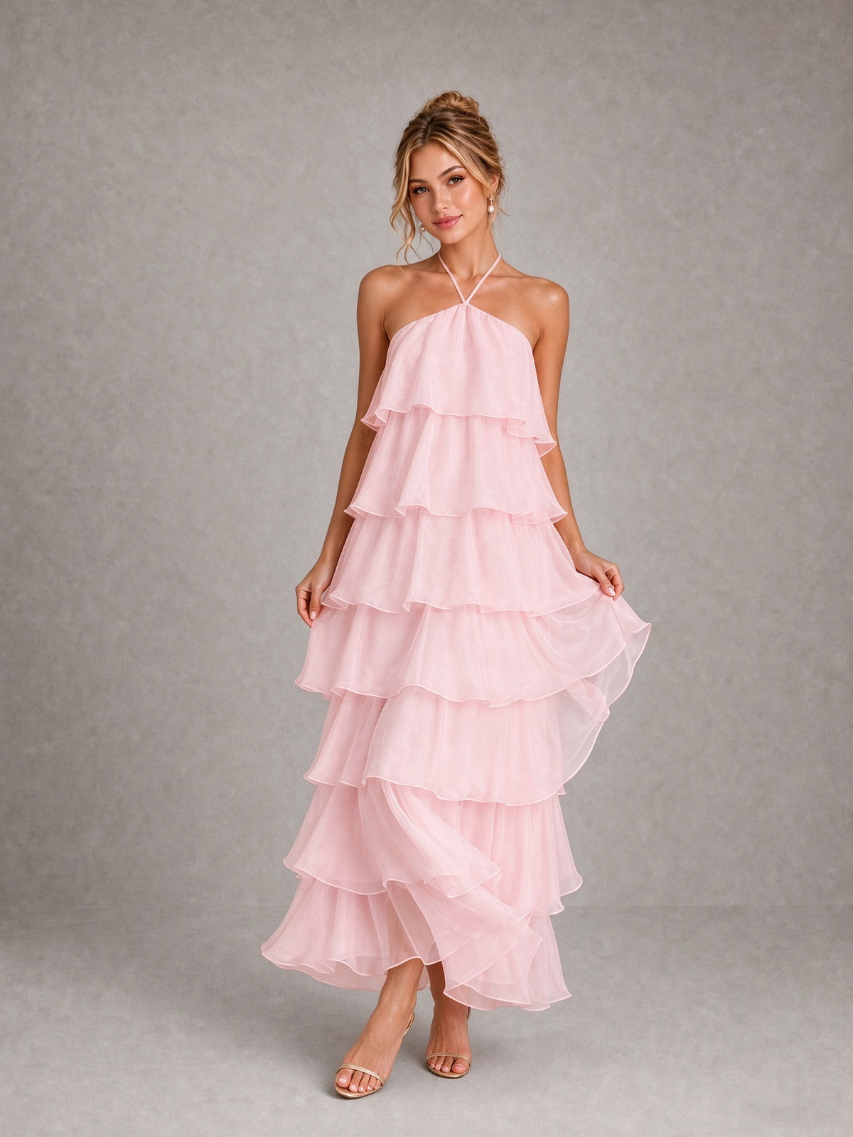 BOLODOO Blush Pink Halter Tiered Ruffle Maxi Bridesmaid Dress 